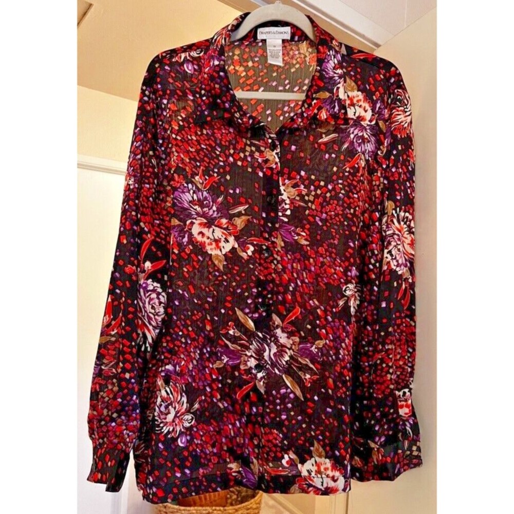 Drapers & Damons Semi Sheer Long Sleeve Button Front Shirt Size 1X  Black Red
